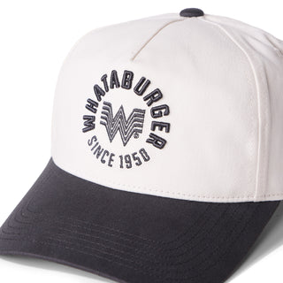Two-tone cap with 'Whataburger' logo on a white background