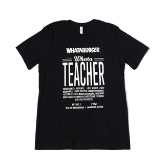 Black t-shirt with white WhataTeacher text on a white background.