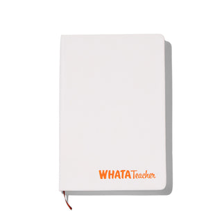 White notebook with orange WhataTeacher logo on white background.
