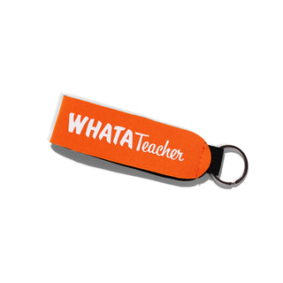 Orange neoprene wrist lanyard with white WhataTeacher logo on white background.