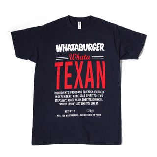 Navy t-shirt with 'Whataburger Whata Texan' text design on a white background