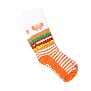 Whataburger socks with hamburger design and orange stripes on a white background