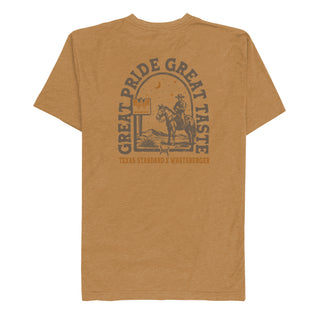 Brown t-shirt with a graphic design on the back featuring text and a horse and rider illustration.