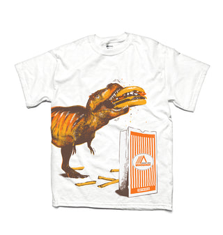 Front View T-Rex eating burger Kids Tee 
