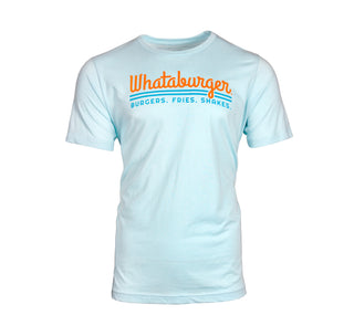 View light blue whataburger tee, burgers, fries, shakes.